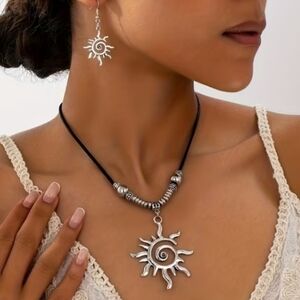 Silver Tone Sun Pendant Necklace and Earrings Set. New!
